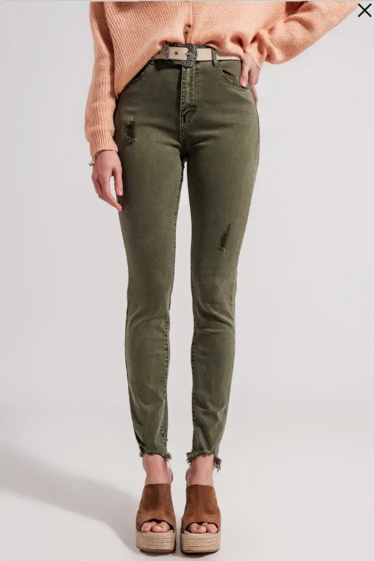Olive Ripped Skinny Jean - Bottoms