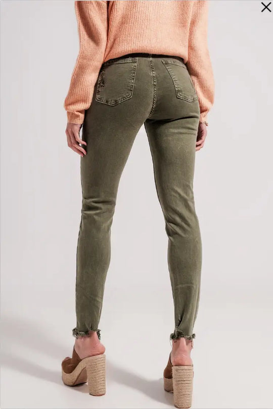 Olive Ripped Skinny Jean - Bottoms