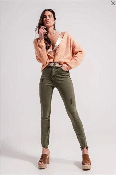 Olive Ripped Skinny Jean - Bottoms