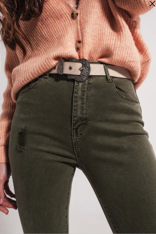 Olive Ripped Skinny Jean - Bottoms