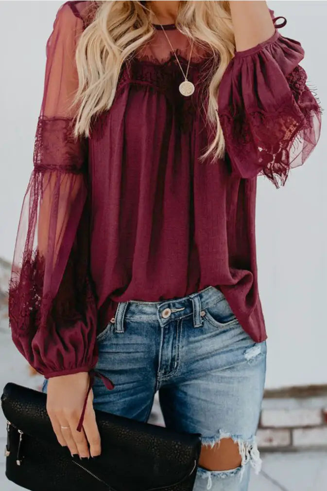 Red Lantern Sleeve Sheer Lace Top - Tops