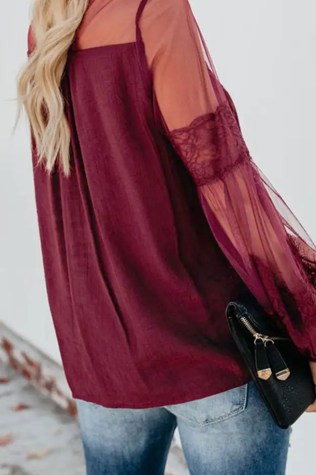 Red Lantern Sleeve Sheer Lace Top - Tops