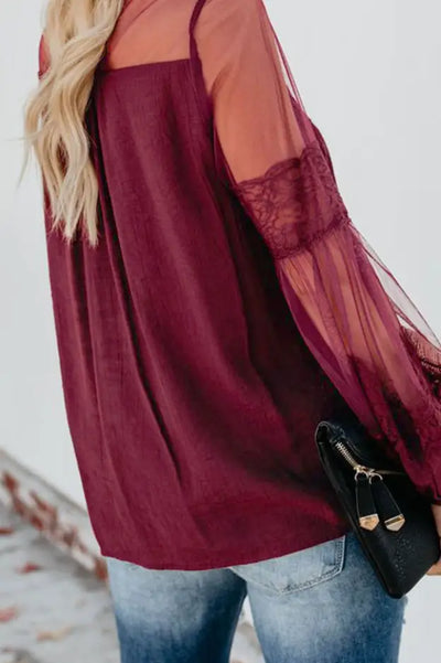 Red Lantern Sleeve Sheer Lace Top - Tops