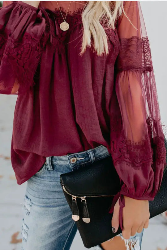 Red Lantern Sleeve Sheer Lace Top - Tops