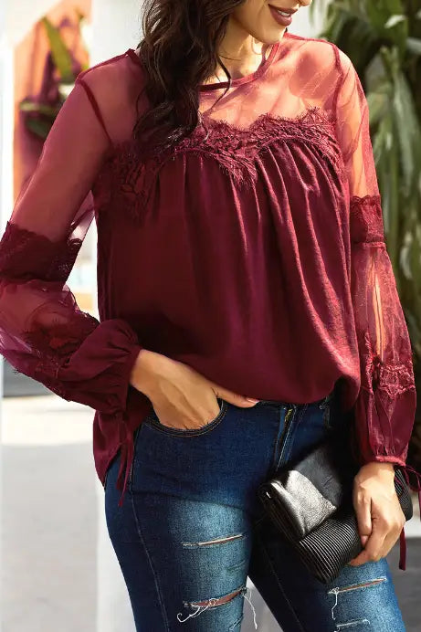 Red Lantern Sleeve Sheer Lace Top - Tops