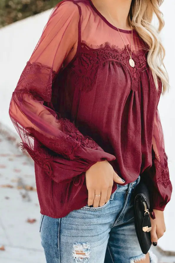 Red Lantern Sleeve Sheer Lace Top - Tops