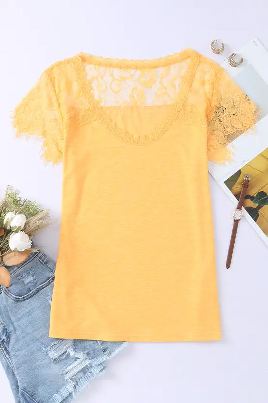 Golden Girl Yellow T-Shirt with Lace Detail - Shirts & Tops