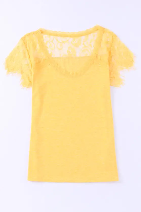 Golden Girl Yellow T-Shirt with Lace Detail - Shirts & Tops