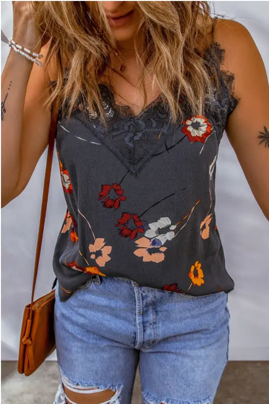 Blue Floral Lace Camisole Tank - Shirts & Tops