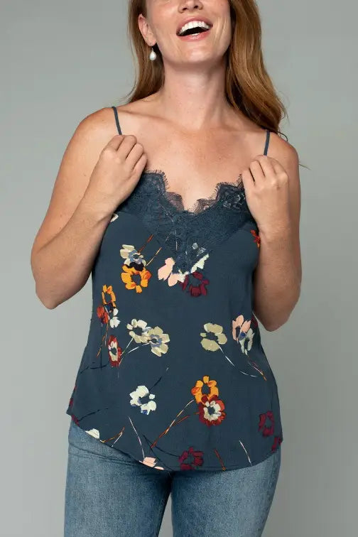 Blue Floral Lace Camisole Tank - Shirts & Tops