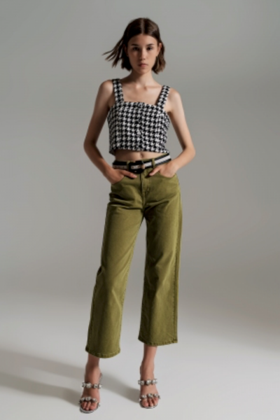 Olive Green Denim Cropped Pants