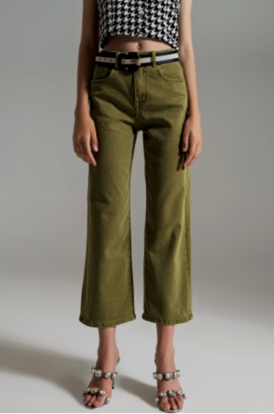 Olive Green Denim Cropped Pants