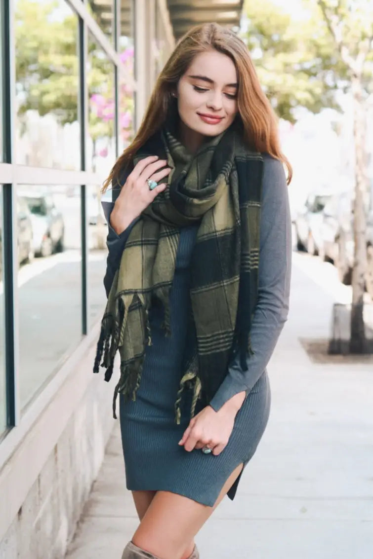 Olive Green and Black Flannel Scarf - Scarves & Hats
