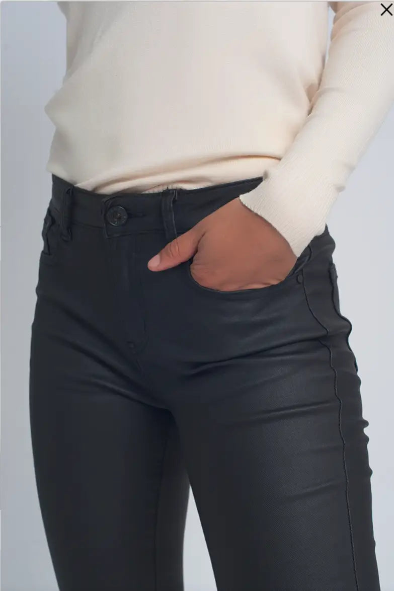 Midnight Black Coated Faux Leather Pants - Bottoms
