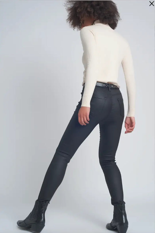Midnight Black Coated Faux Leather Pants - Bottoms