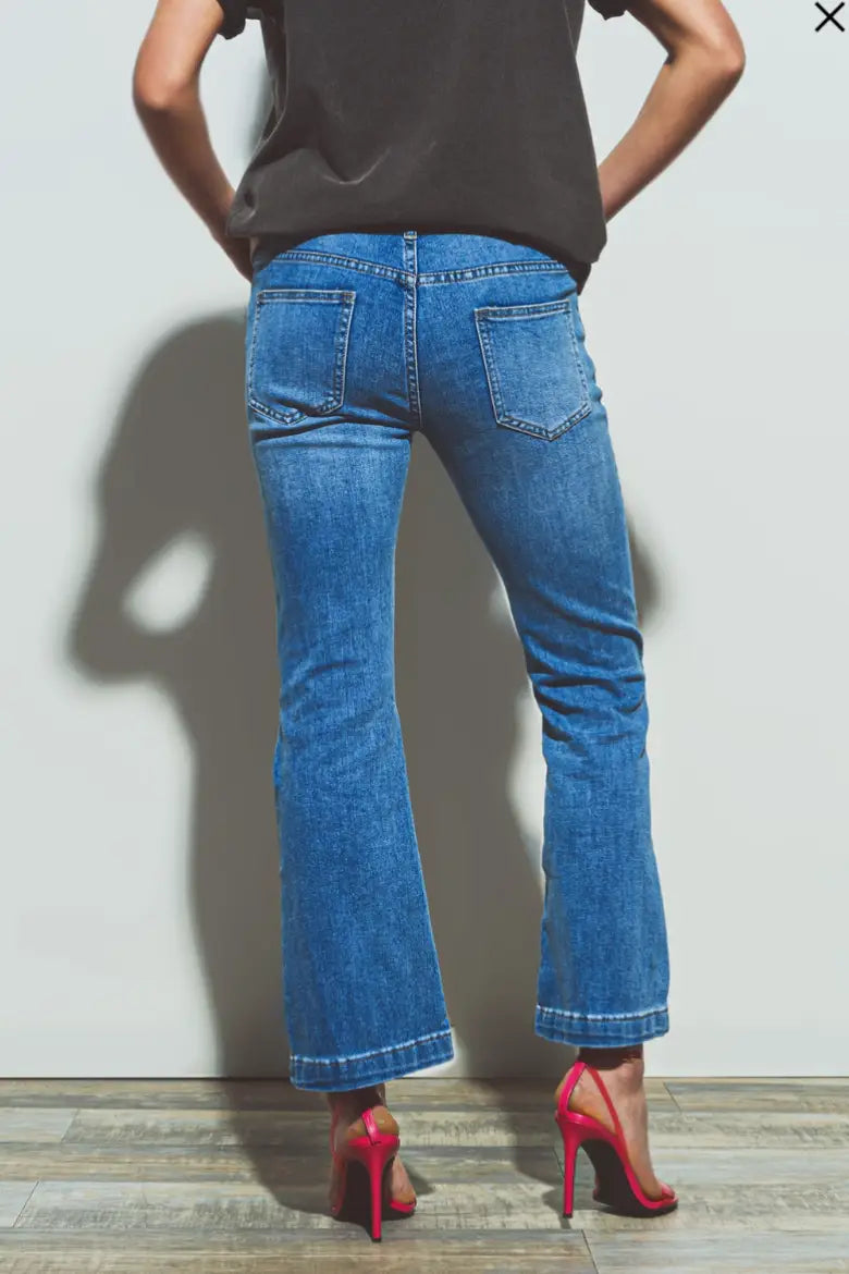 Flared Double Button Waist Jeans in Blue Denim - Bottoms
