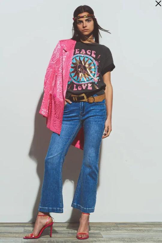 Flared Double Button Waist Jeans in Blue Denim - Bottoms