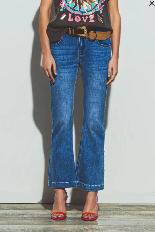 Flared Double Button Waist Jeans in Blue Denim - Bottoms