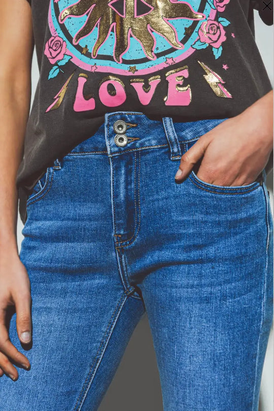 Flared Double Button Waist Jeans in Blue Denim - Bottoms