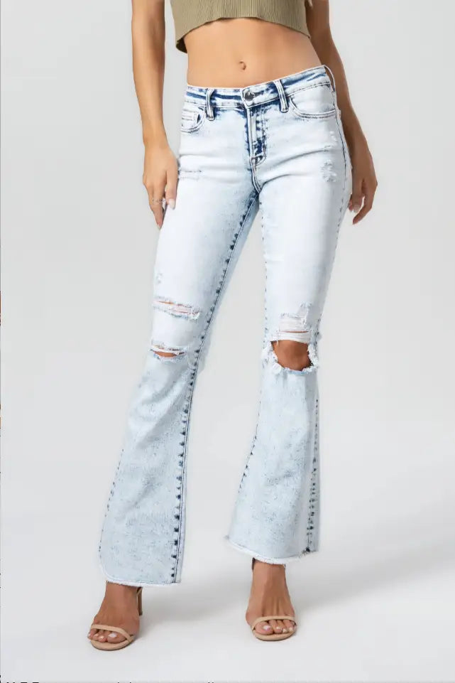 Mid Rise Light Wash Flare Jeans - Bottoms