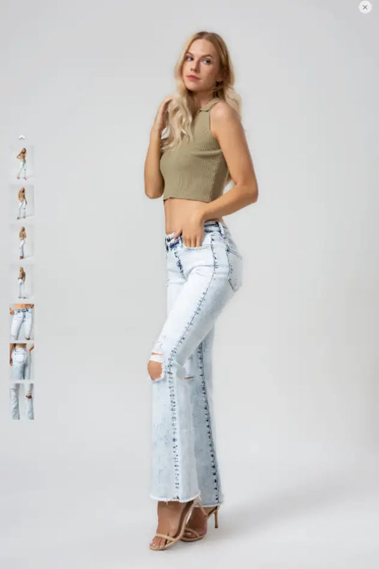 Mid Rise Light Wash Flare Jeans - Bottoms