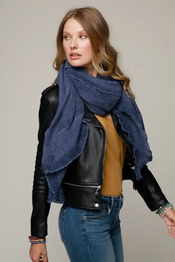 Navy Ruffle Accent Woven Scarf - Melissa Jean Boutique