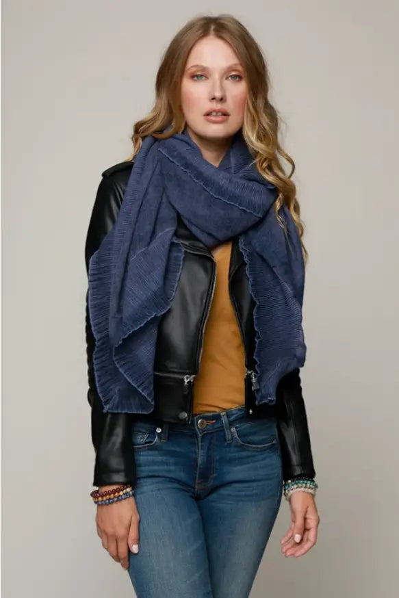 Navy Ruffle Accent Woven Scarf - Melissa Jean Boutique