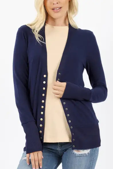 Navy Snap Button Cardigan - Melissa Jean Boutique