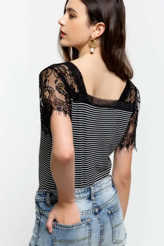 Black and White Striped with Lace V-Neck Top - Melissa Jean Boutique