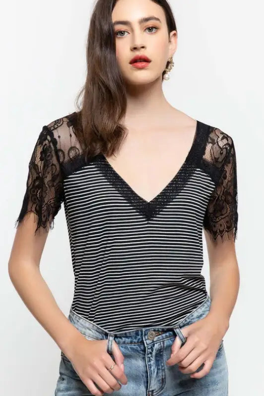 Black and White Striped with Lace V-Neck Top - Melissa Jean Boutique
