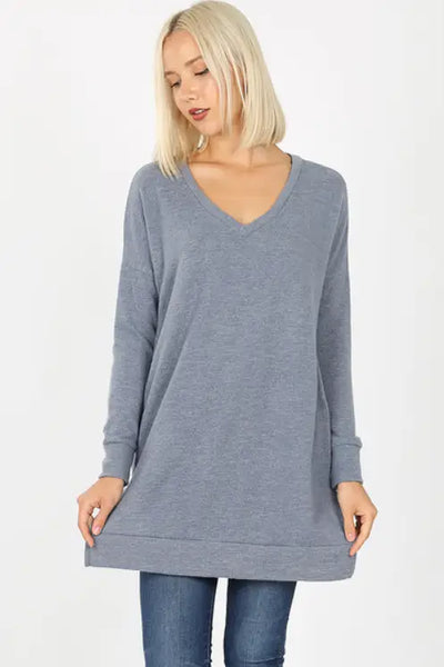 Cement V-Neck Sweater with Pockets - Melissa Jean Boutique
