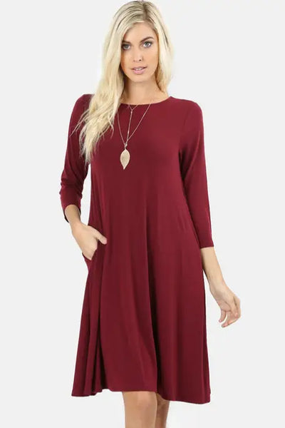 Dark Burgundy Pocket Flare Dress - Melissa Jean Boutique