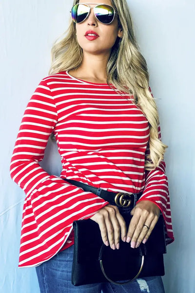 Red Striped Bell Sleeve Top - Melissa Jean Boutique