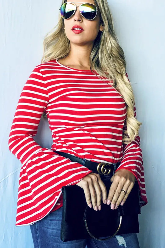 Red Striped Bell Sleeve Top - Melissa Jean Boutique