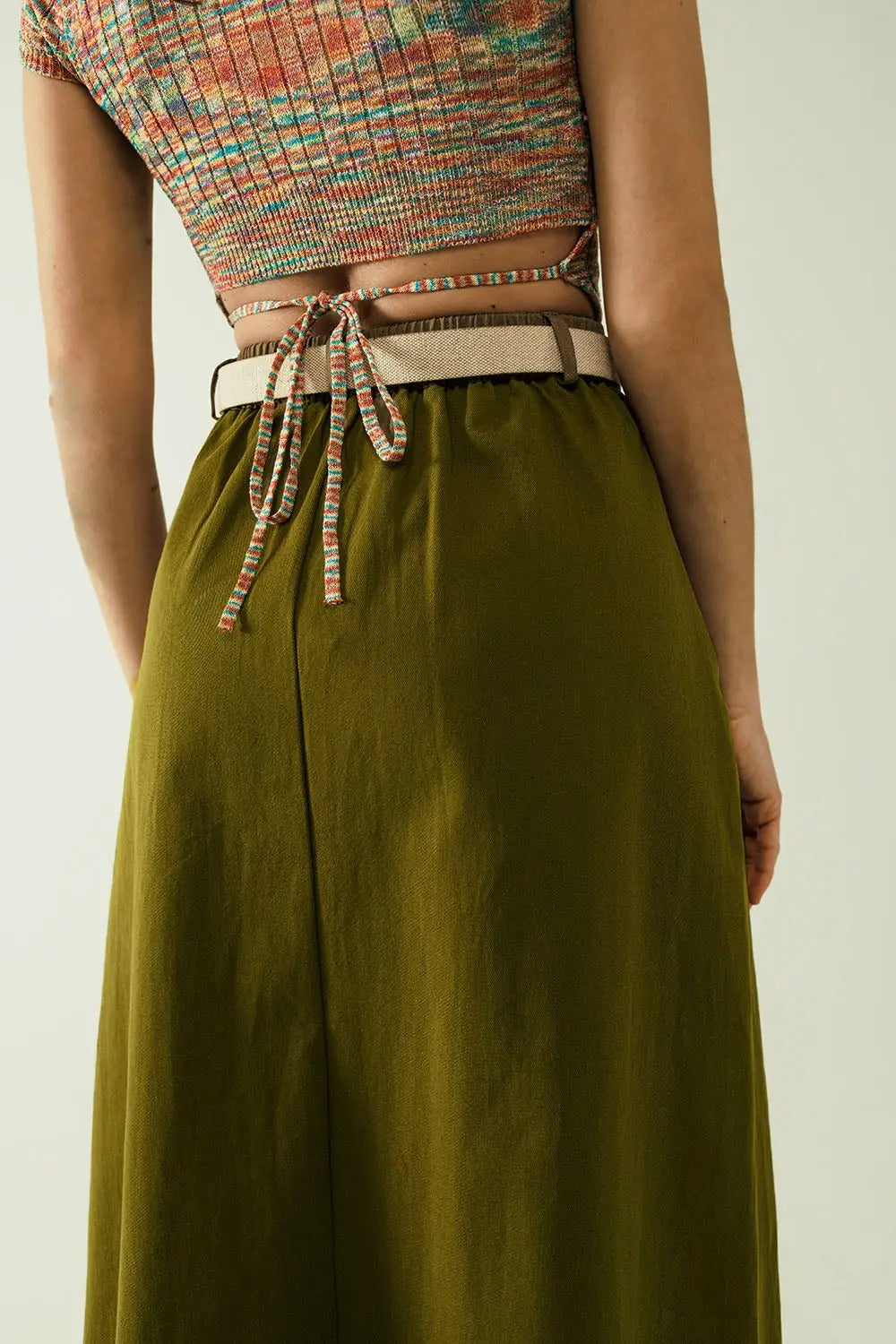 A line Midi Khaki Skirt With Pockets in Khaki - Skirts