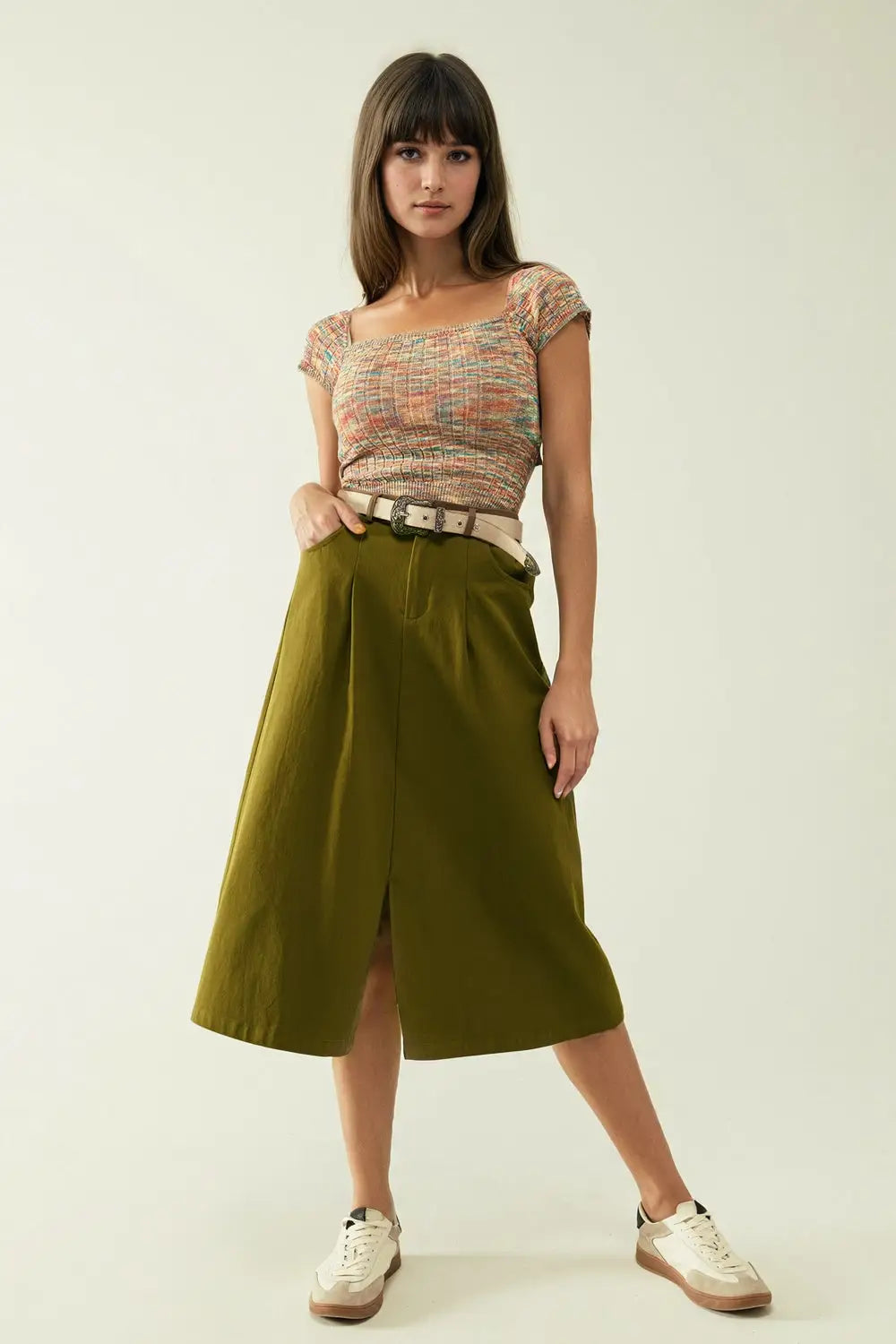 A line Midi Khaki Skirt With Pockets in Khaki - Skirts