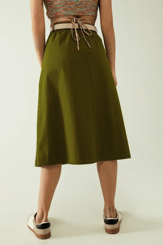 A line Midi Khaki Skirt With Pockets in Khaki - Skirts