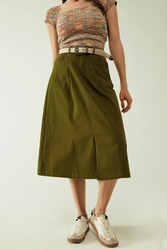 A line Midi Khaki Skirt With Pockets in Khaki - Skirts
