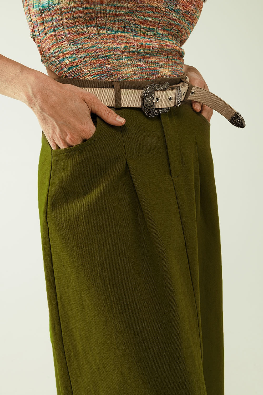 A line Midi Khaki Skirt With Pockets in Khaki