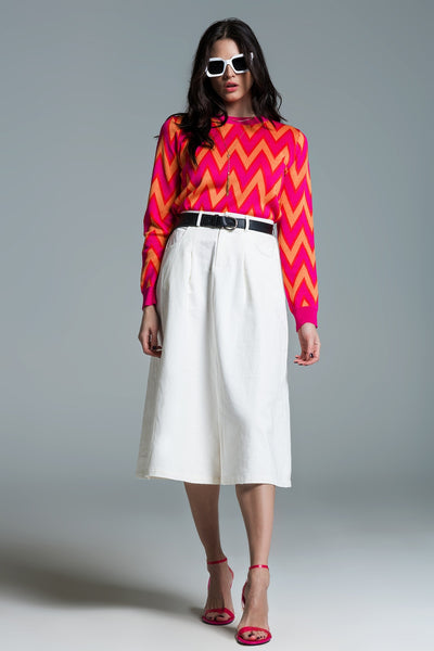 A line Midi White Skirt With Pockets in White