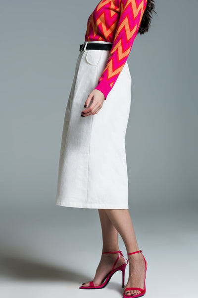 A line Midi White Skirt With Pockets in White