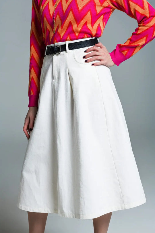 A line Midi White Skirt With Pockets in White - Skirts