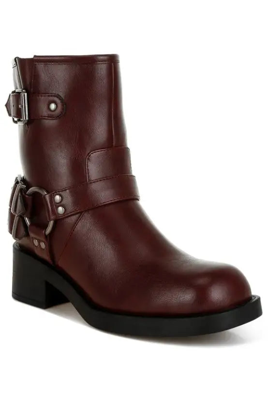 Caribou Harness Detail Biker Boots - Burgundy / US-5 / UK-3 / EU-36 - Shoes