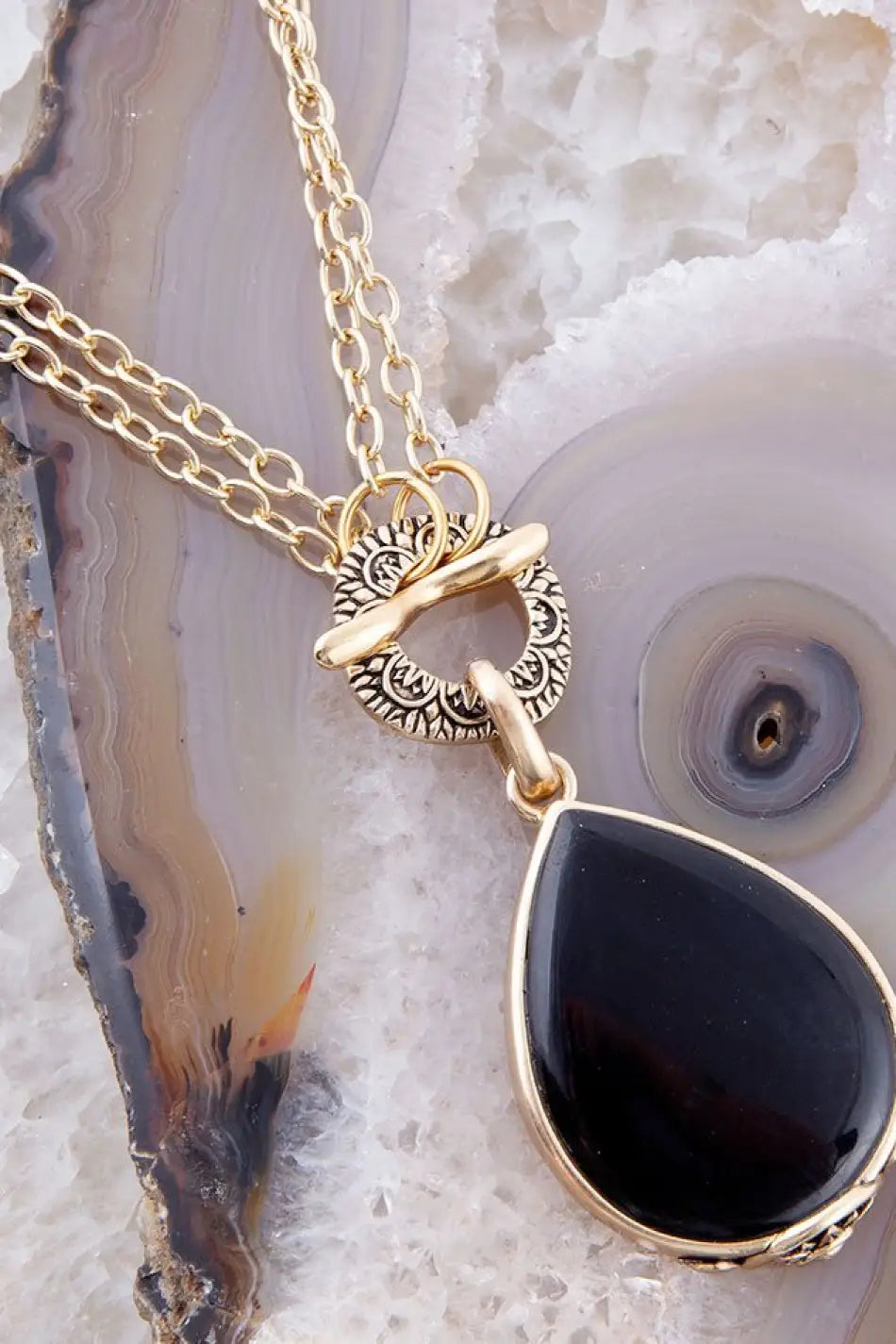 Abby Black Onyx Golden Bronze Drop Necklace - Necklaces
