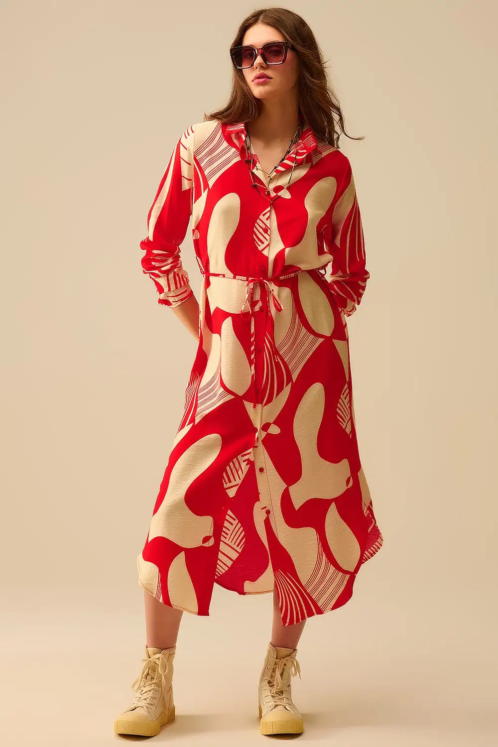 Q2 abstract print button-down dress in red