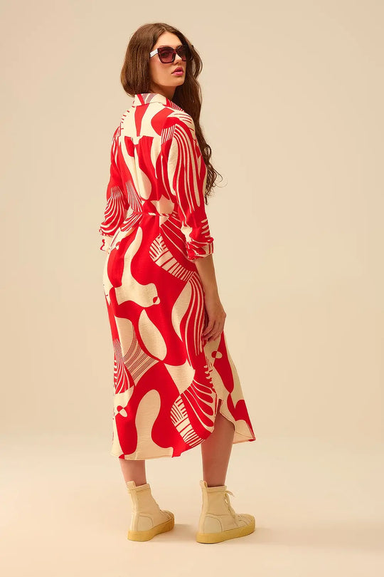 abstract print button-down dress in red - Dresses