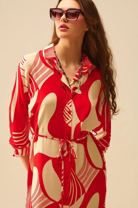 abstract print button-down dress in red - Dresses