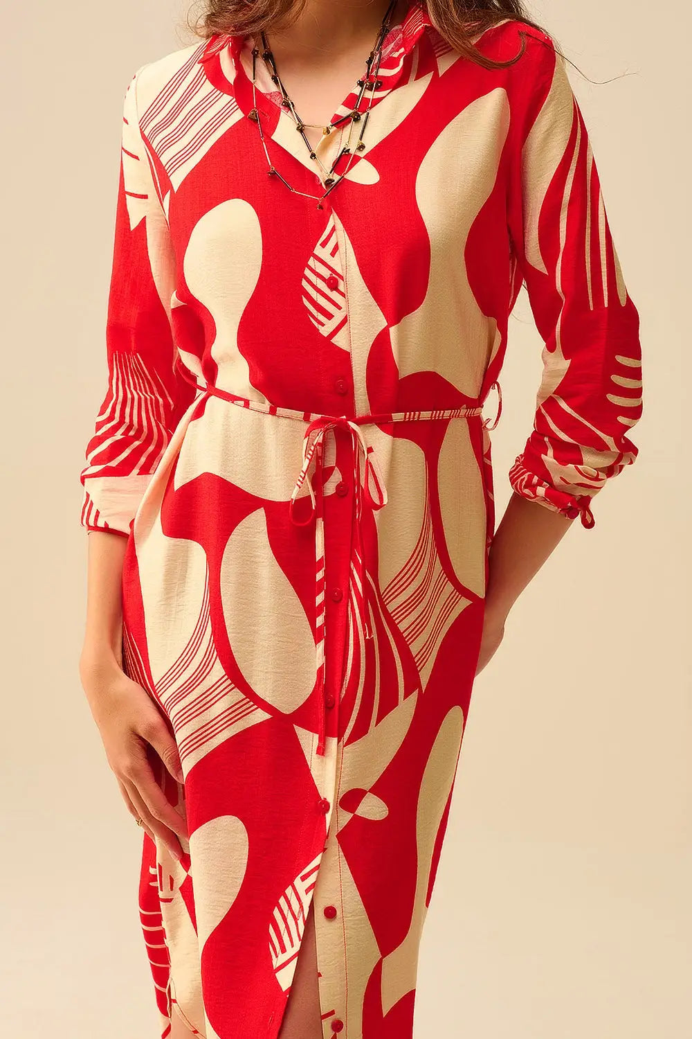 abstract print button-down dress in red - Dresses