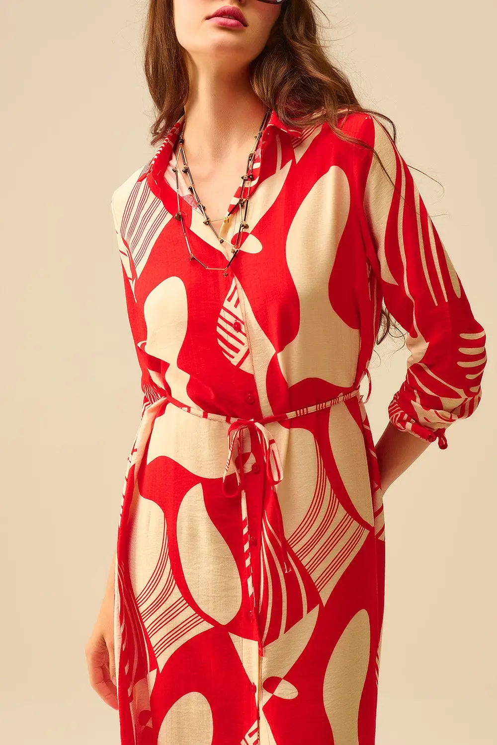 abstract print button-down dress in red - Dresses