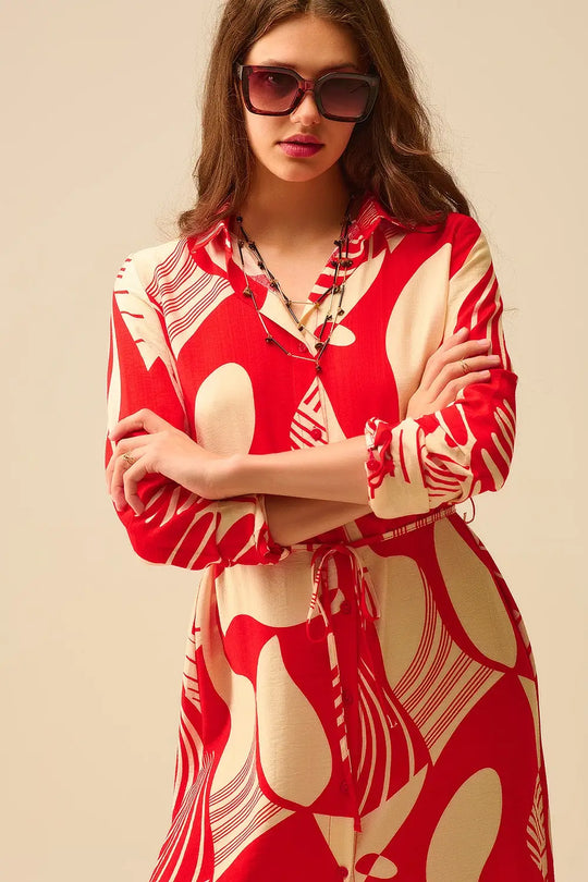 abstract print button-down dress in red - Dresses